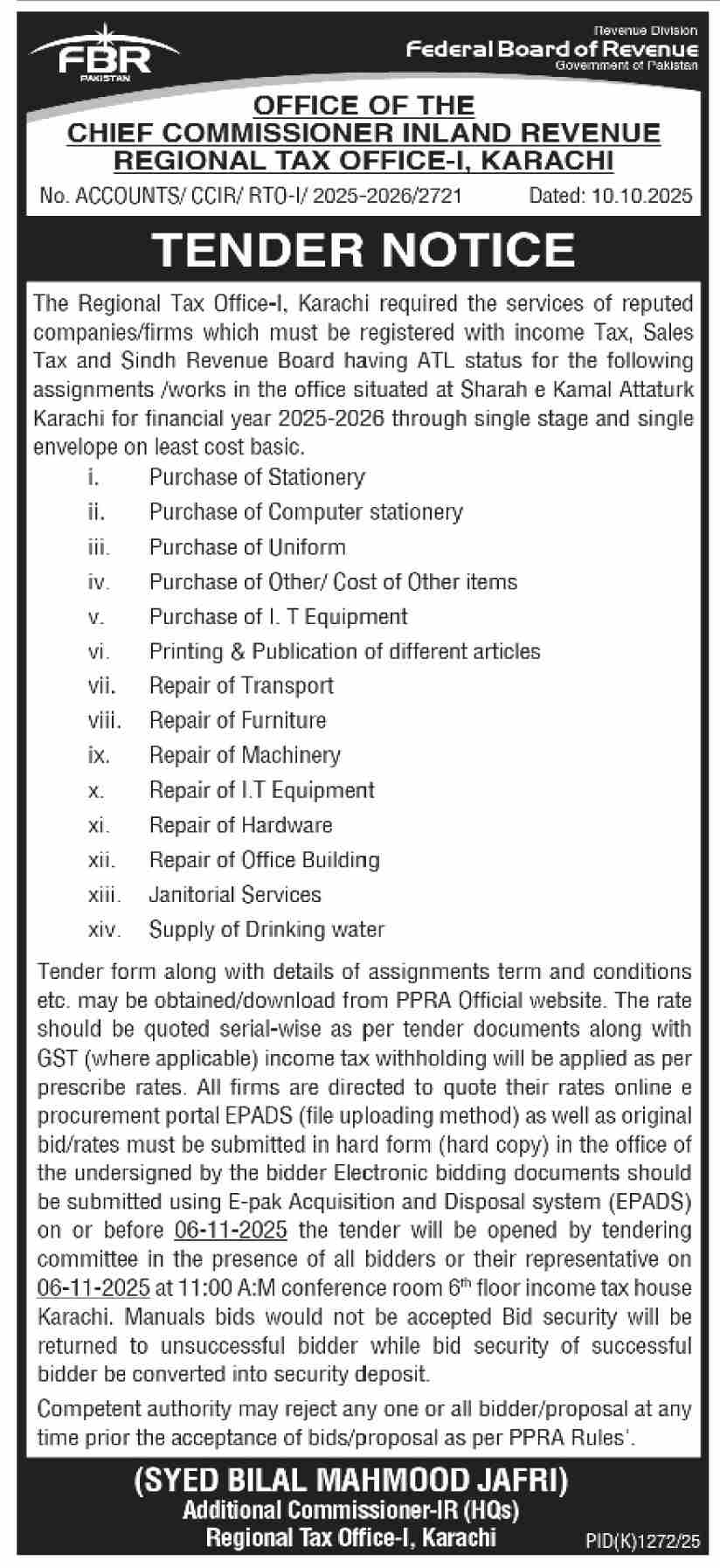 Federal Board of Revenue Tender Notice